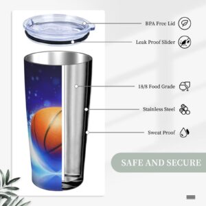 Dujiea 20oz Tumbler With Lid And Straw, Basketball And Blue Light Vacuum Insulated Iced Coffee Mug Reusable Travel Cup Stainless Steel Water Bottle