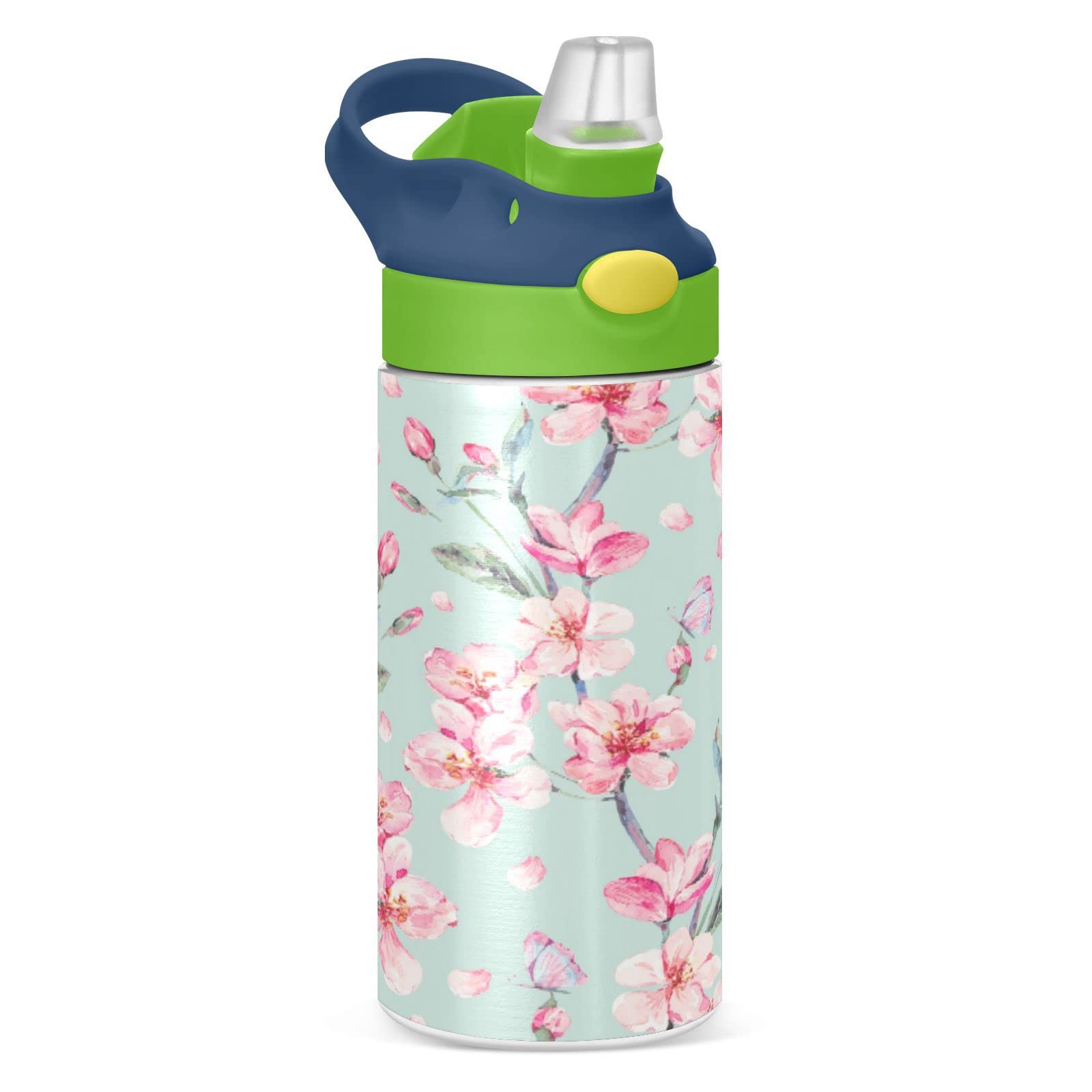 Pink Flowers Kids Water Bottle, BPA-Free Vacuum Insulated Stainless Steel Water Bottle with Straw Lid Double Walled Leakproof Flask for Girls Boys Toddlers, 12Oz