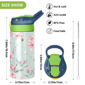 Pink Flowers Kids Water Bottle, BPA-Free Vacuum Insulated Stainless Steel Water Bottle with Straw Lid Double Walled Leakproof Flask for Girls Boys Toddlers, 12Oz