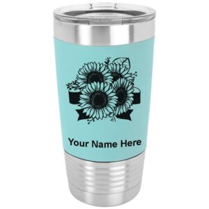 lasergram 20oz vacuum insulated tumbler mug, sunflowers, personalized engraving included (silicone grip, teal)