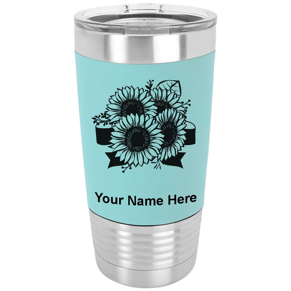 LaserGram 20oz Vacuum Insulated Tumbler Mug, Sunflowers, Personalized Engraving Included (Silicone Grip, Teal)