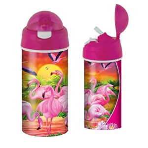 3d livelife drinking bottle - flamingo lingo from deluxebase. 3d lenticular animal water bottle with straw. 20oz kids water bottle with original artwork from renowned artist, michael searle