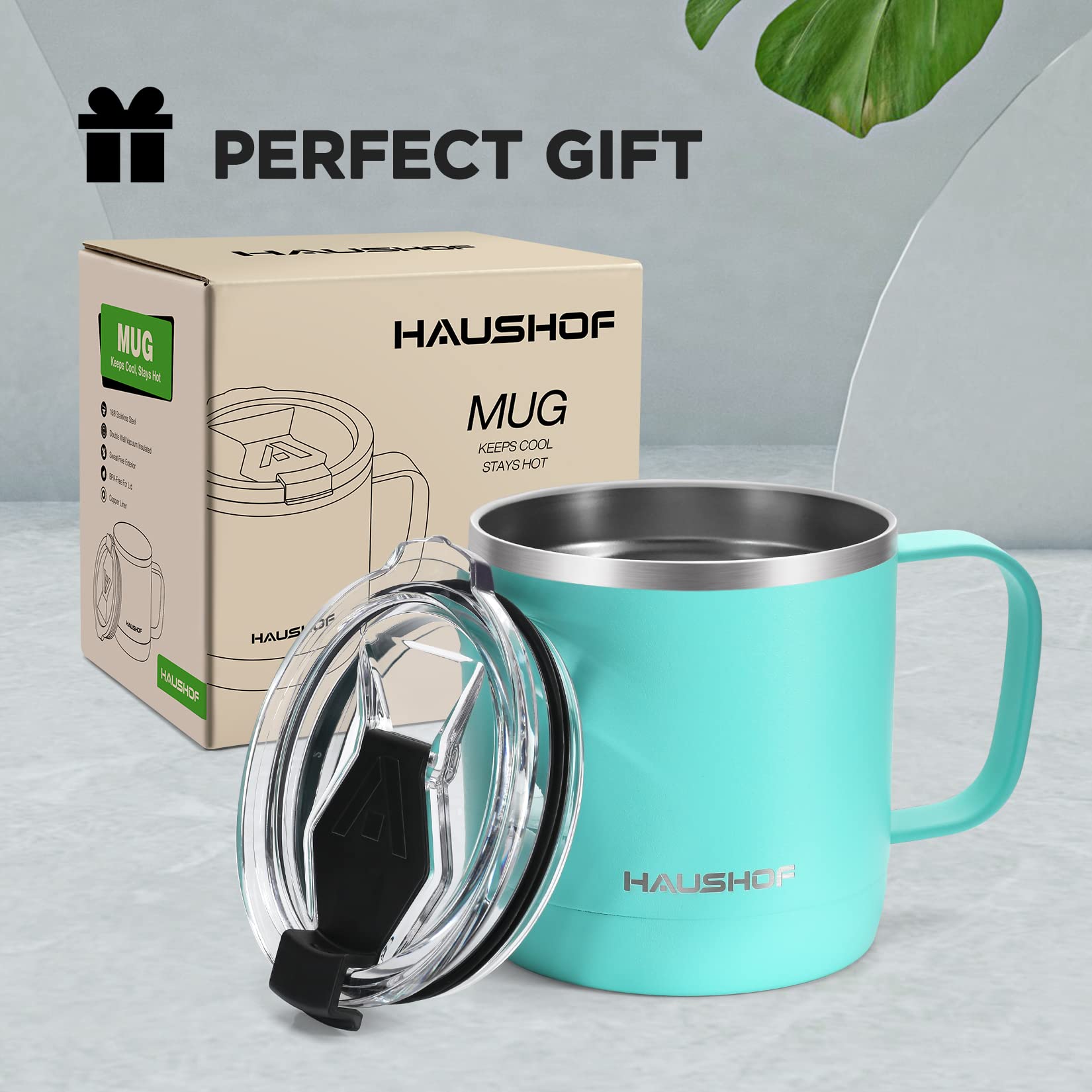 HAUSHOF 14 oz Coffee Mug, Insulated Coffee Mug with Handle, Travel Camping Cup, Portable Stainless Steel Coffee Cup, Insulated Coffee Cups with Lid, Lake Blue