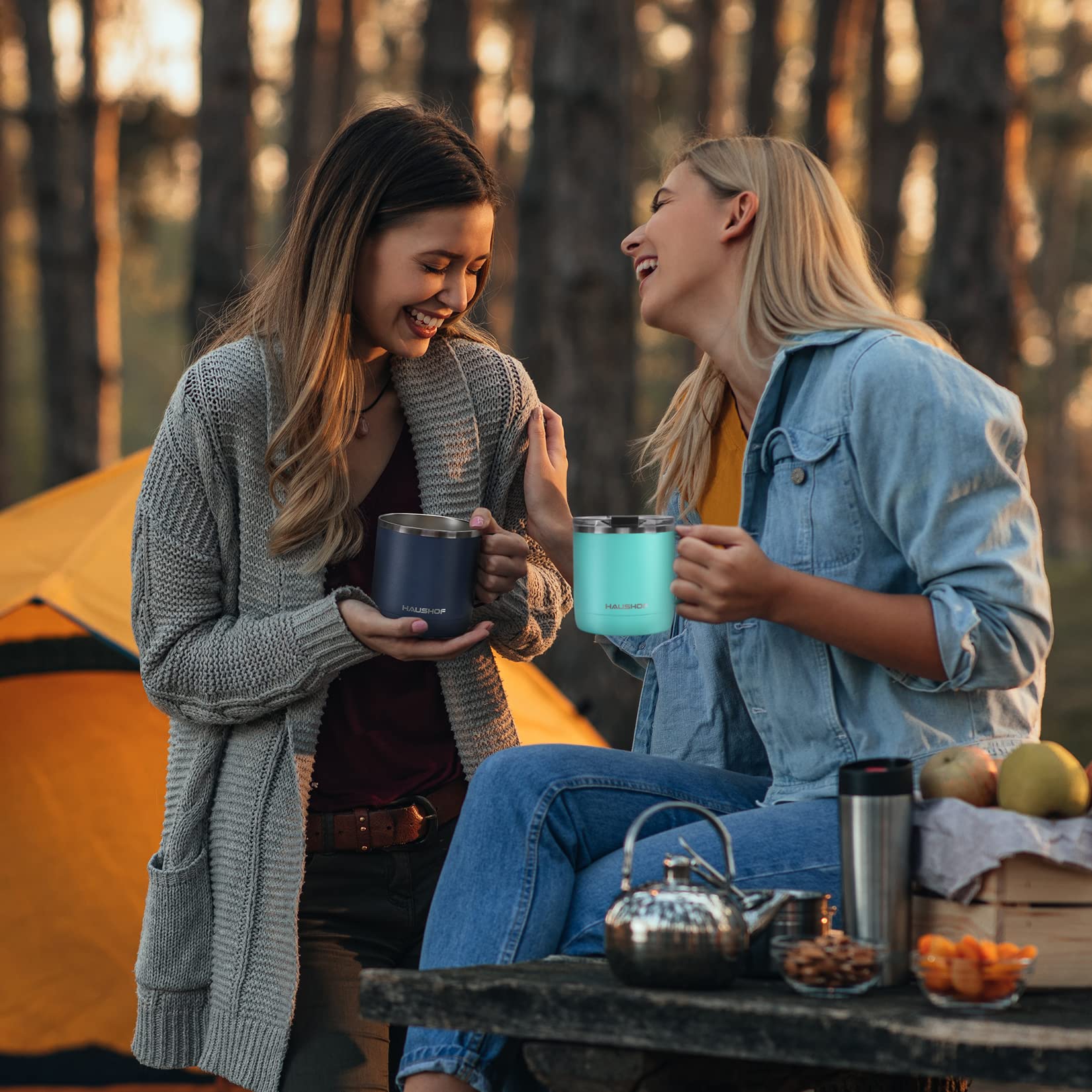 HAUSHOF 14 oz Coffee Mug, Insulated Coffee Mug with Handle, Travel Camping Cup, Portable Stainless Steel Coffee Cup, Insulated Coffee Cups with Lid, Lake Blue