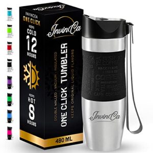 invinca one-click travel mug: thermal vacuum-insulated coffee mug, double-wall stainless steel durable mug with a leak proof lid for your daily hot/cold/ice drinks: 16-oz metal cups, silver/black