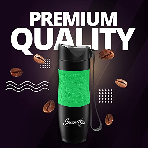 INVINCA ONE-CLICK Travel Mug: Thermal Vacuum-Insulated Coffee Mug, Double-Wall Stainless Steel Durable Mug with a Leak Proof Lid for your Daily Hot/Cold/Ice Drinks: 16-oz Metal Cups, Silver/Black