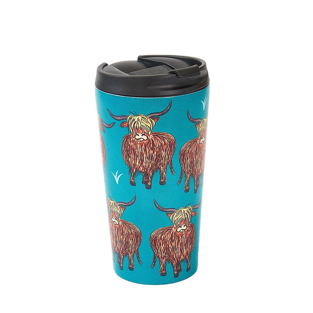 ECO CHIC Reusable Thermal Coffee Cup | Stainless Steel Insulated Travel Mug with Leakproof Lid | Eco-Friendly and Reusable for Hot & Cold Drinks (Teal Highland Cow, 380ml/13oz)