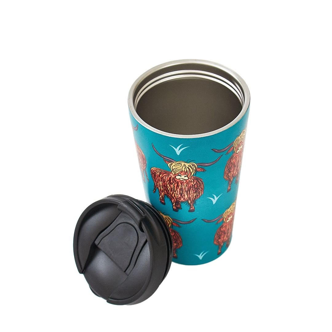 ECO CHIC Reusable Thermal Coffee Cup | Stainless Steel Insulated Travel Mug with Leakproof Lid | Eco-Friendly and Reusable for Hot & Cold Drinks (Teal Highland Cow, 380ml/13oz)