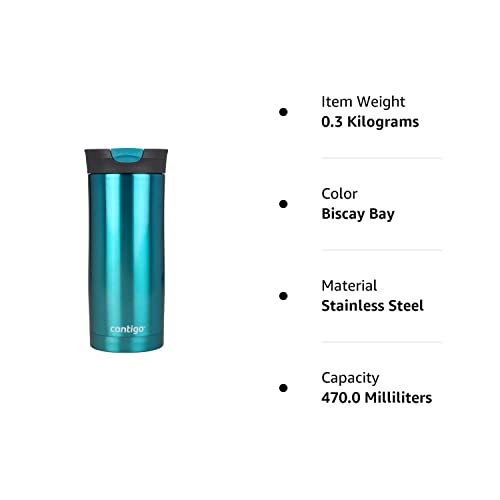 Contigo Huron Snapseal Travel Mug, Stainless Steel Thermal mug, Vacuum Flask, Leakproof Tumbler, Coffee Mug with BPA Free Easy-Clean Lid, Biscay Bay, 470 ml