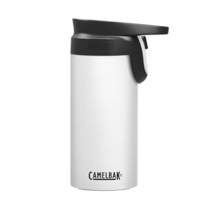camelbak forge flow coffee & travel mug, insulated stainless steel - non-slip silicon base - easy one-handed operation - 12oz, white