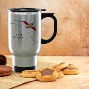 Florida In God We Trust Gifts and Souvenirs - Travel Mug with Handle and Lid - Florida Graduation Unique Drinkware - 14oz Travel Mug Steel - Best USA State Motto & Flag Gifts