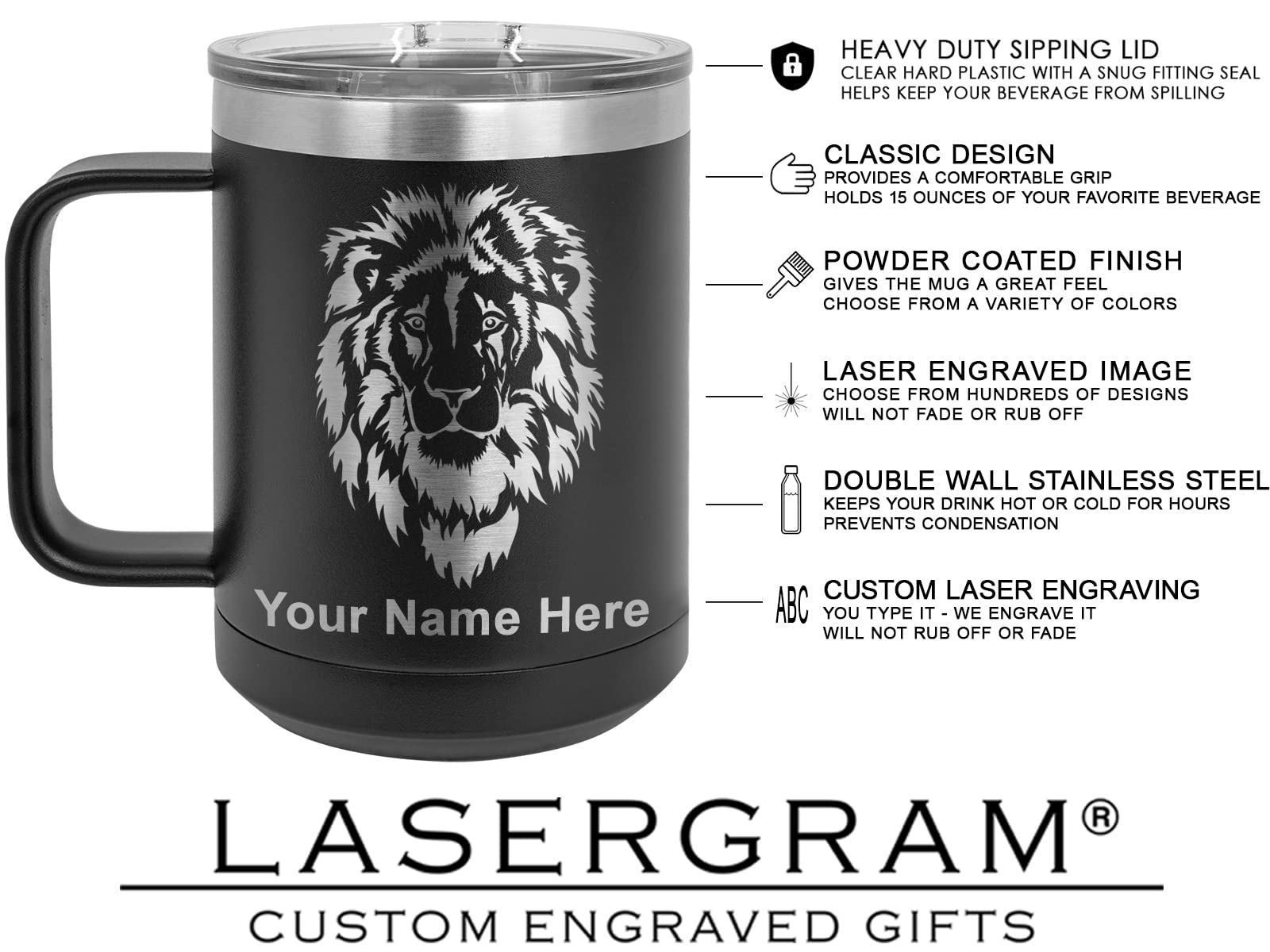 LaserGram 15oz Vacuum Insulated Coffee Mug, Flag of Puerto Rico, Personalized Engraving Included (Black)