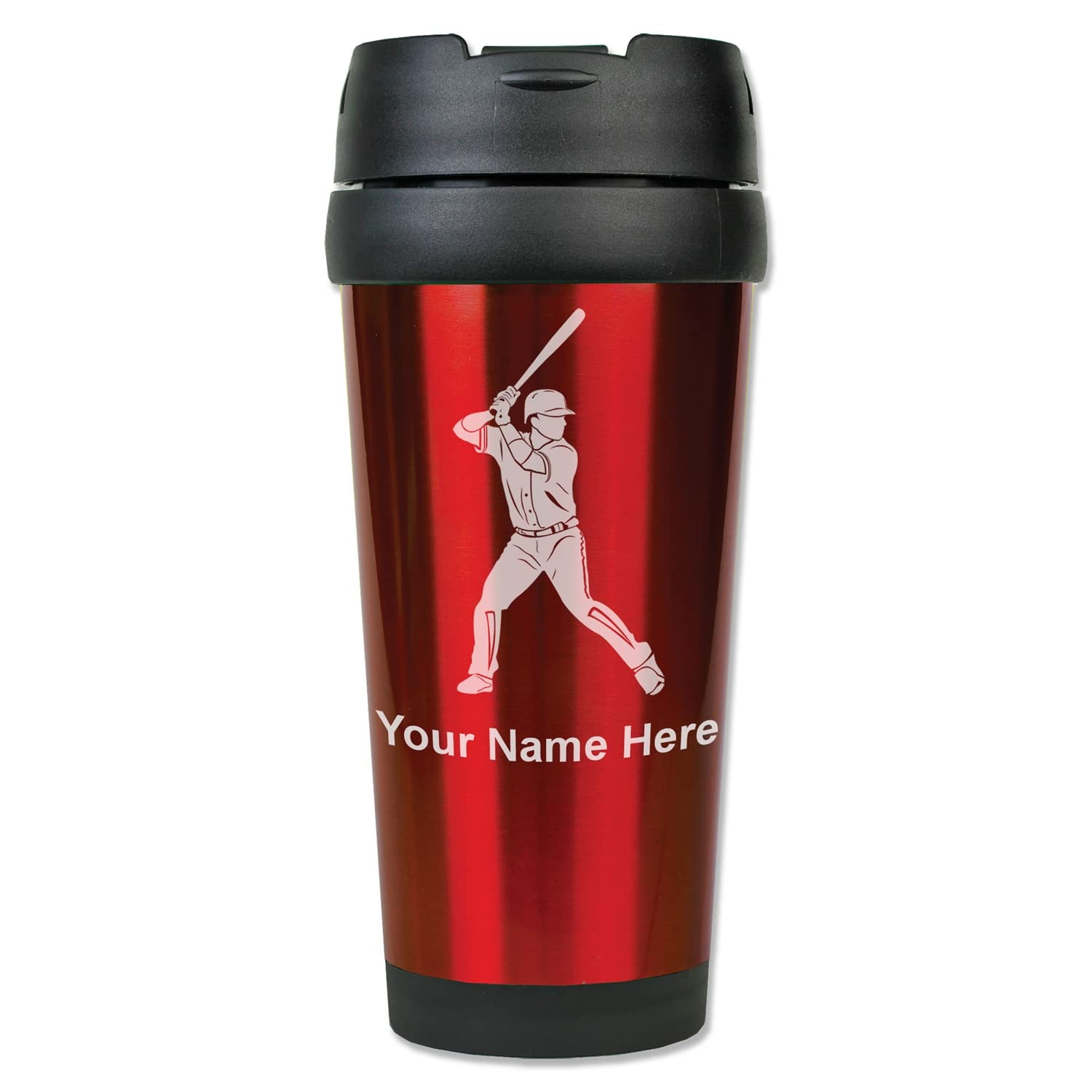 LaserGram 16oz Coffee Travel Mug, Baseball Player 2, Personalized Engraving Included (Red)