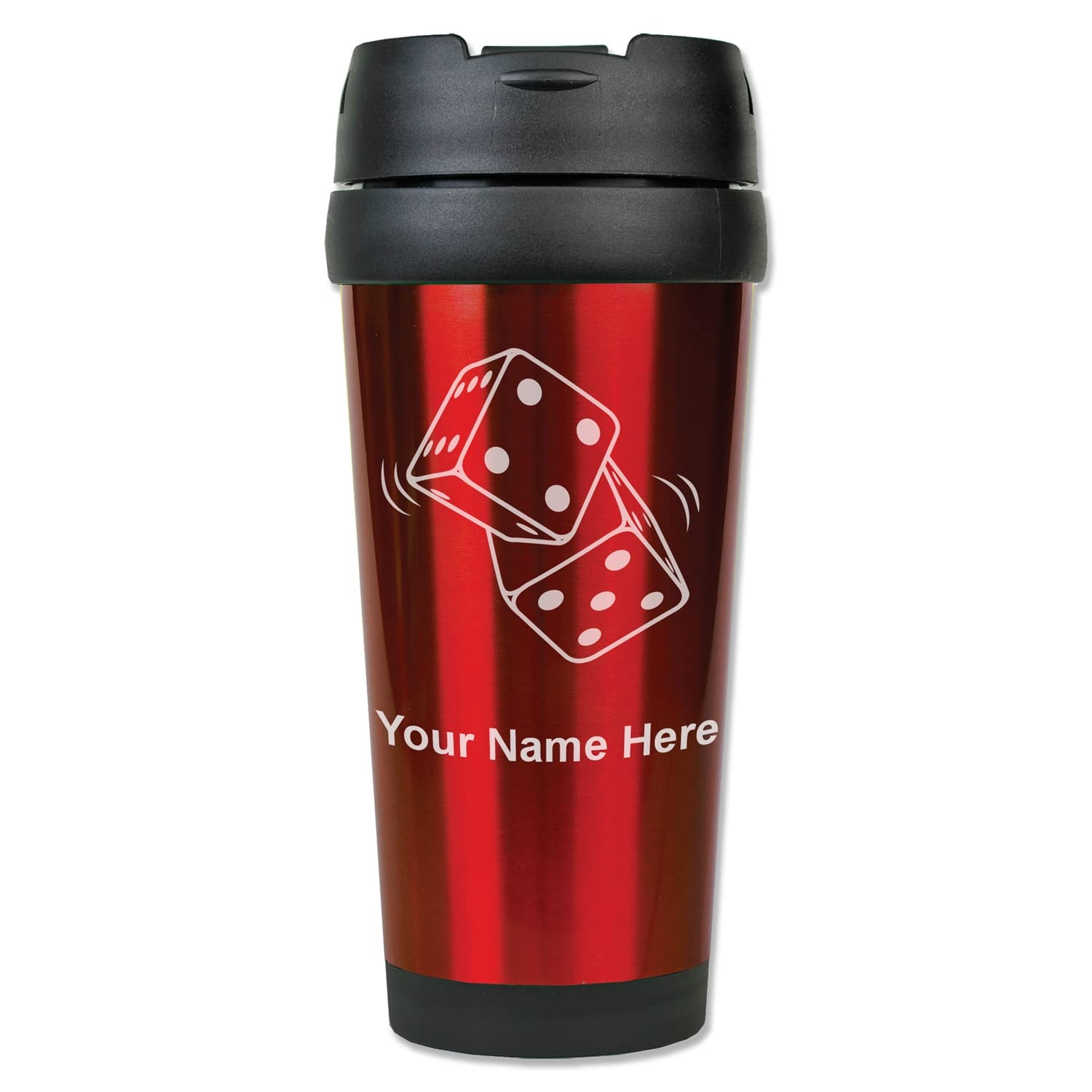 LaserGram 16oz Coffee Travel Mug, Pair of Dice, Personalized Engraving Included (Red)