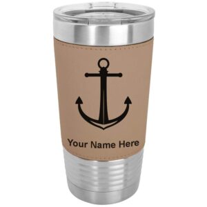 lasergram 20oz vacuum insulated tumbler mug, boat anchor, personalized engraving included (faux leather, light brown)