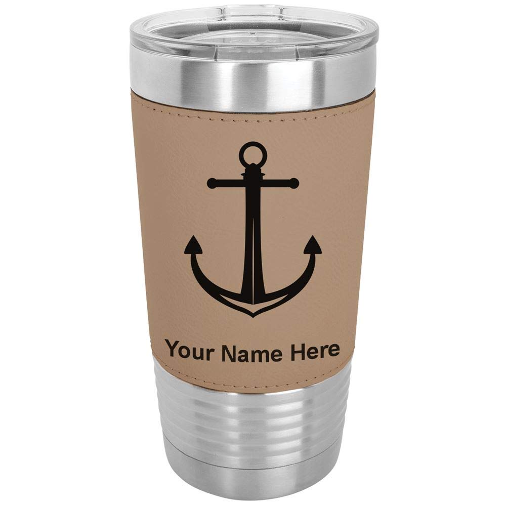 LaserGram 20oz Vacuum Insulated Tumbler Mug, Boat Anchor, Personalized Engraving Included (Faux Leather, Light Brown)