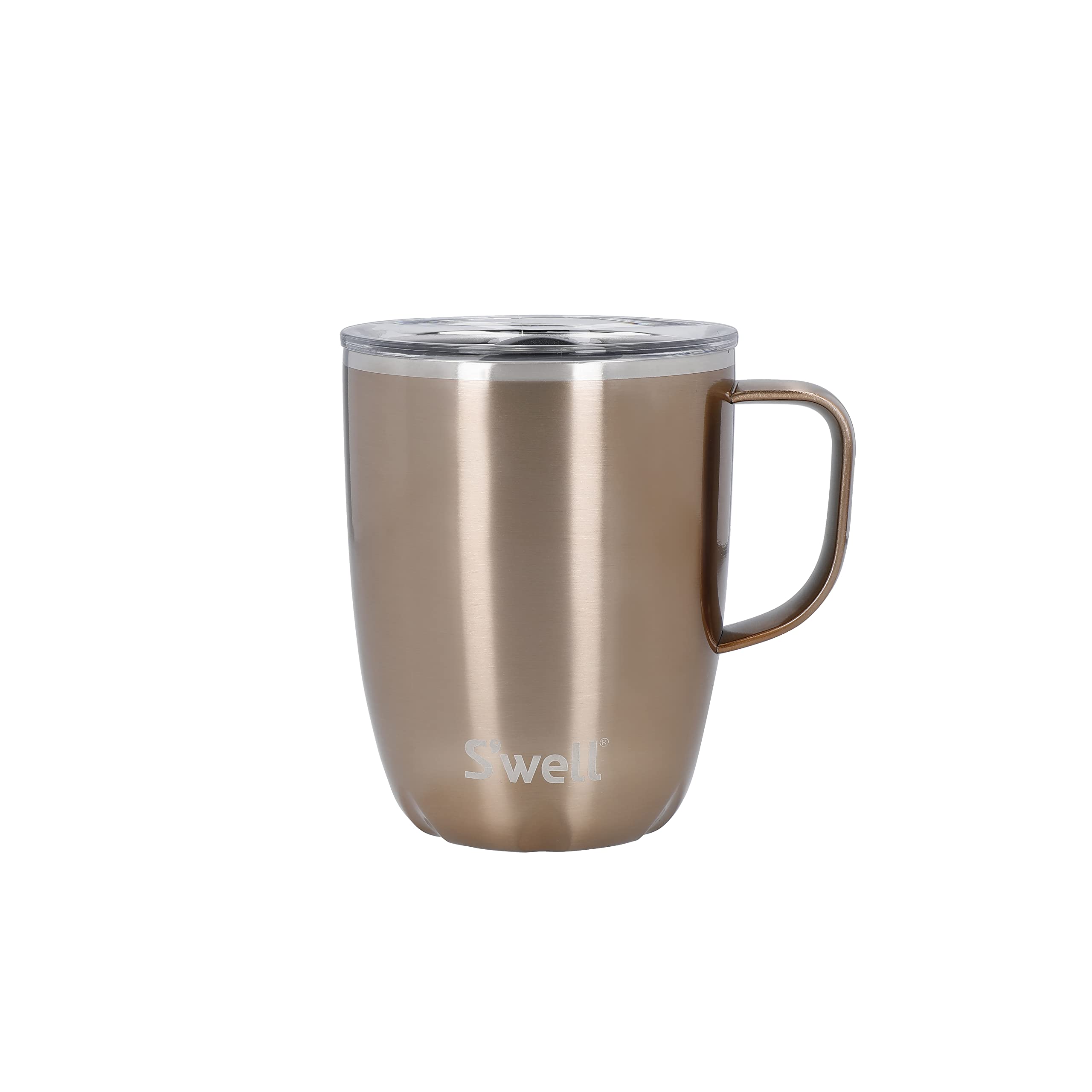 S'well Mug with Handle, Pyrite, 350ml. Vacuum Insulated Stainless Steel Travel Mug with Handle, On-The-Go Travel Cup with Slide-Open Lid - Dishwasher Safe