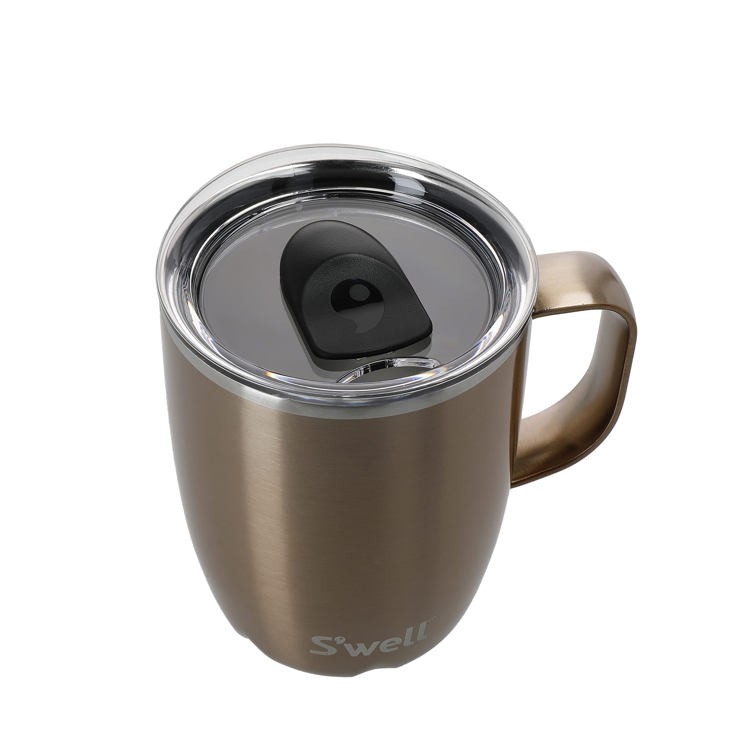 S'well Mug with Handle, Pyrite, 350ml. Vacuum Insulated Stainless Steel Travel Mug with Handle, On-The-Go Travel Cup with Slide-Open Lid - Dishwasher Safe