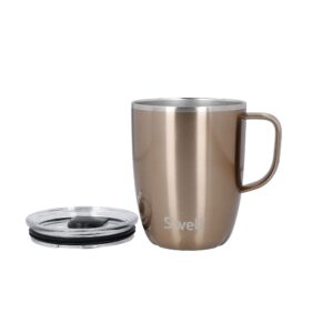 S'well Mug with Handle, Pyrite, 350ml. Vacuum Insulated Stainless Steel Travel Mug with Handle, On-The-Go Travel Cup with Slide-Open Lid - Dishwasher Safe