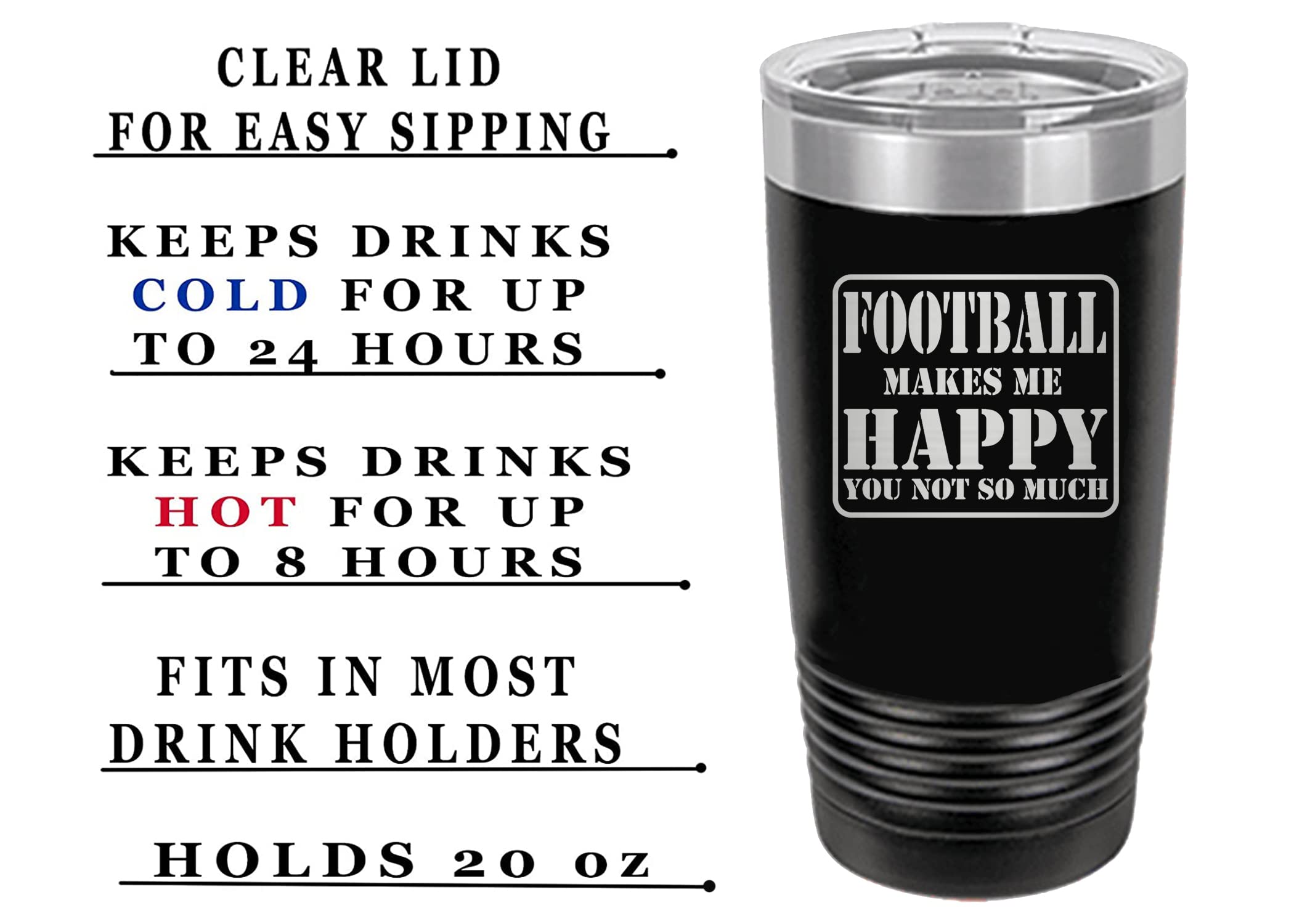 Rogue River Tactical Funny Sarcastic Black Football Fan PLayer 20 Oz. Travel Tumbler Mug Cup w/Lid Football Makes Me Happy You Not So Much Gift Idea