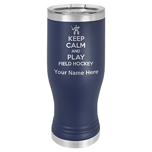 LaserGram 14oz Vacuum Insulated Pilsner Mug, Keep Calm and Play Field Hockey, Personalized Engraving Included (Navy Blue)