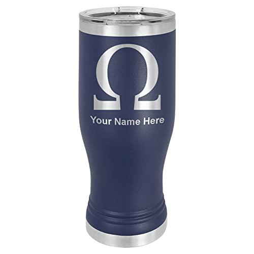 LaserGram 14oz Vacuum Insulated Pilsner Mug, Omega Symbol, Personalized Engraving Included (Navy Blue)