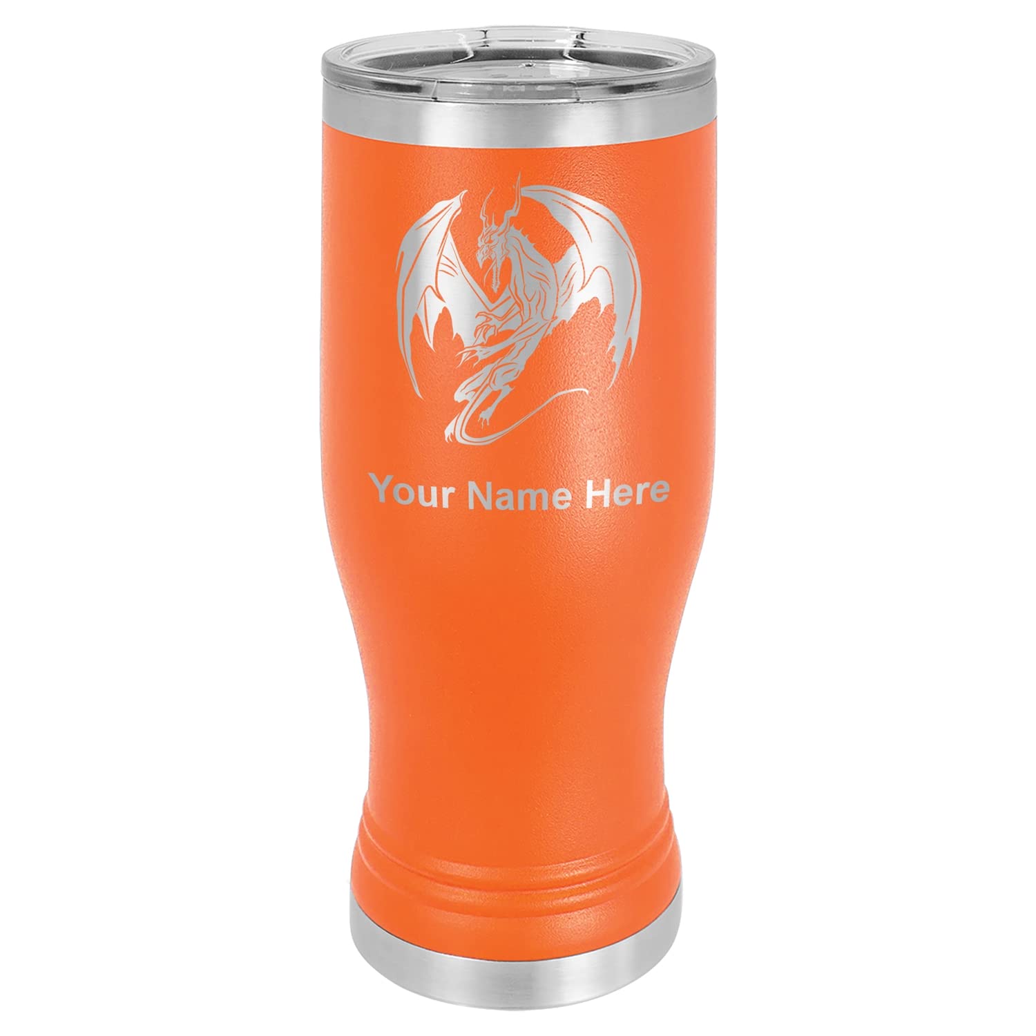 LaserGram 14oz Vacuum Insulated Pilsner Mug, Dragon, Personalized Engraving Included (Orange)