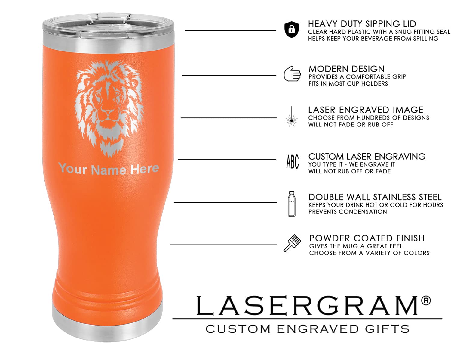 LaserGram 14oz Vacuum Insulated Pilsner Mug, Dragon, Personalized Engraving Included (Orange)