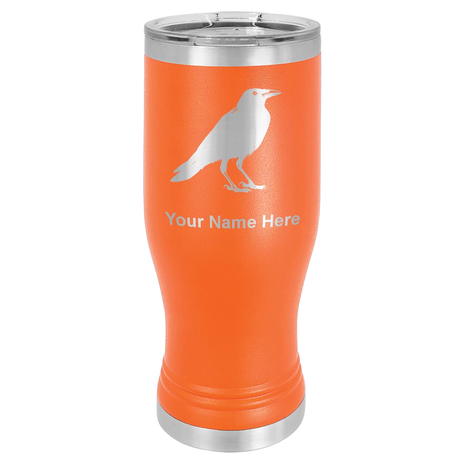 LaserGram 14oz Vacuum Insulated Pilsner Mug, Crow, Personalized Engraving Included (Orange)