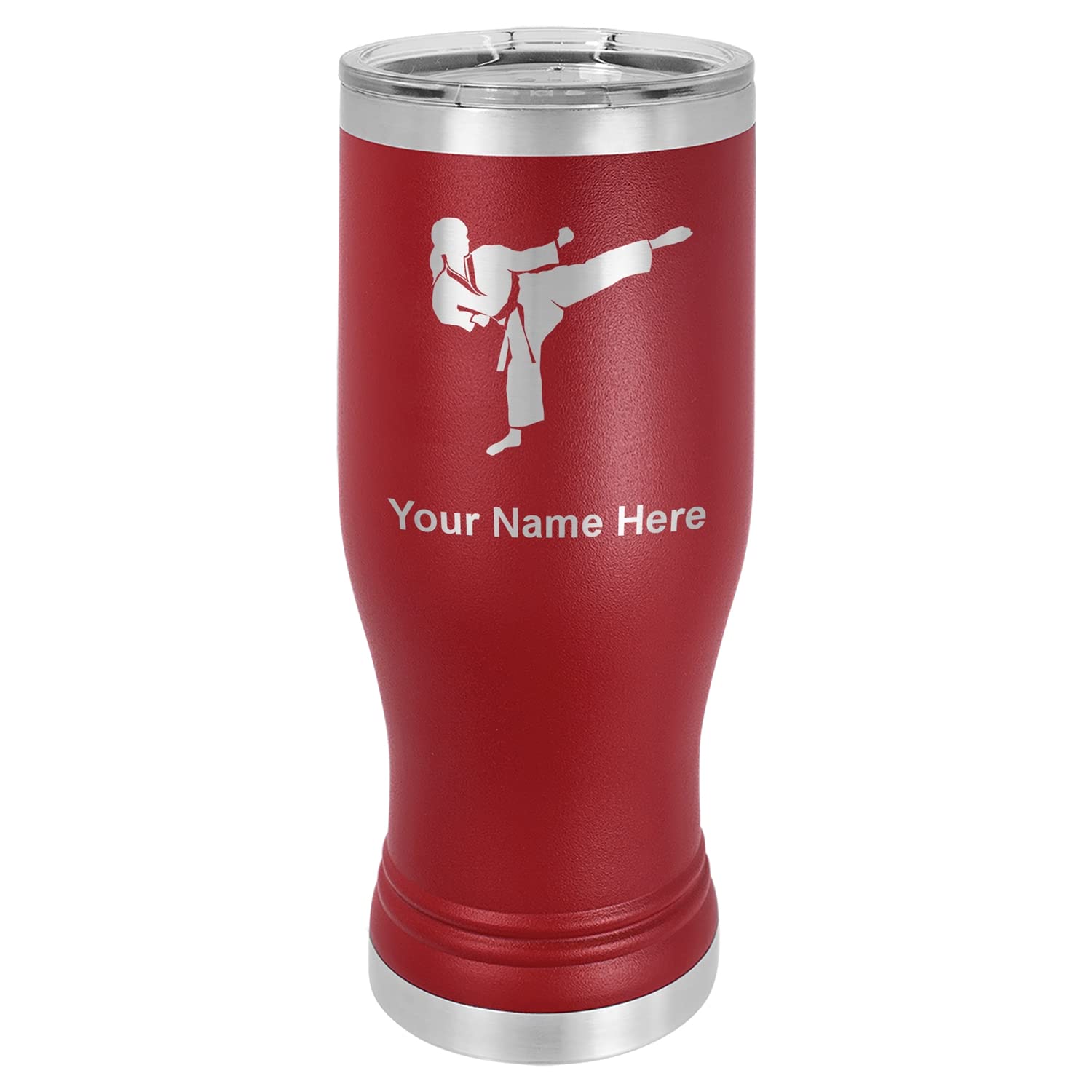 LaserGram 14oz Vacuum Insulated Pilsner Mug, Karate Woman, Personalized Engraving Included (Maroon)