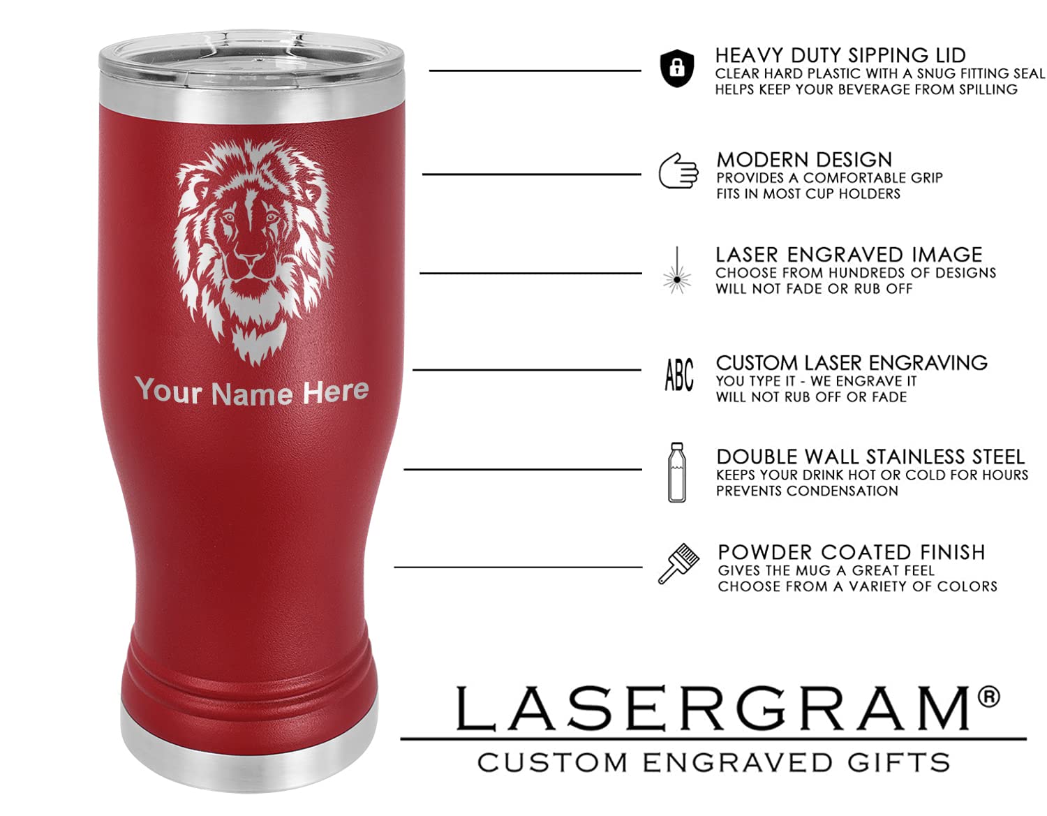 LaserGram 14oz Vacuum Insulated Pilsner Mug, Karate Woman, Personalized Engraving Included (Maroon)