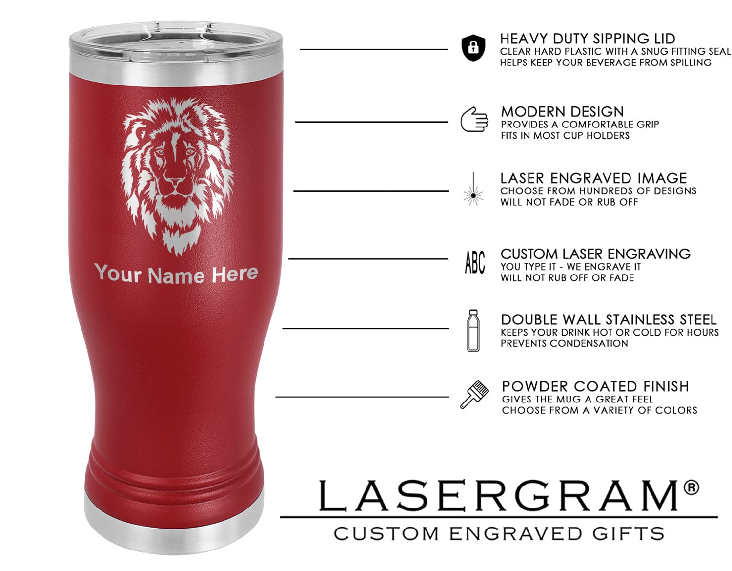 LaserGram 14oz Vacuum Insulated Pilsner Mug, Cup of Coffee, Personalized Engraving Included (Maroon)