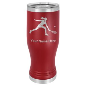 lasergram 14oz vacuum insulated pilsner mug, tennis player woman, personalized engraving included (maroon)