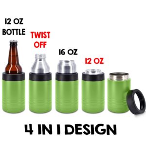 4-in-1 Stainless Steel 12 oz Double Wall Vacuum Insulated Can or Bottle Cooler Keeps Beverage Cold for Hours - Also Fits 16 oz Cans - Powder Coated Olive Drab Green - Clear Water Home Goods