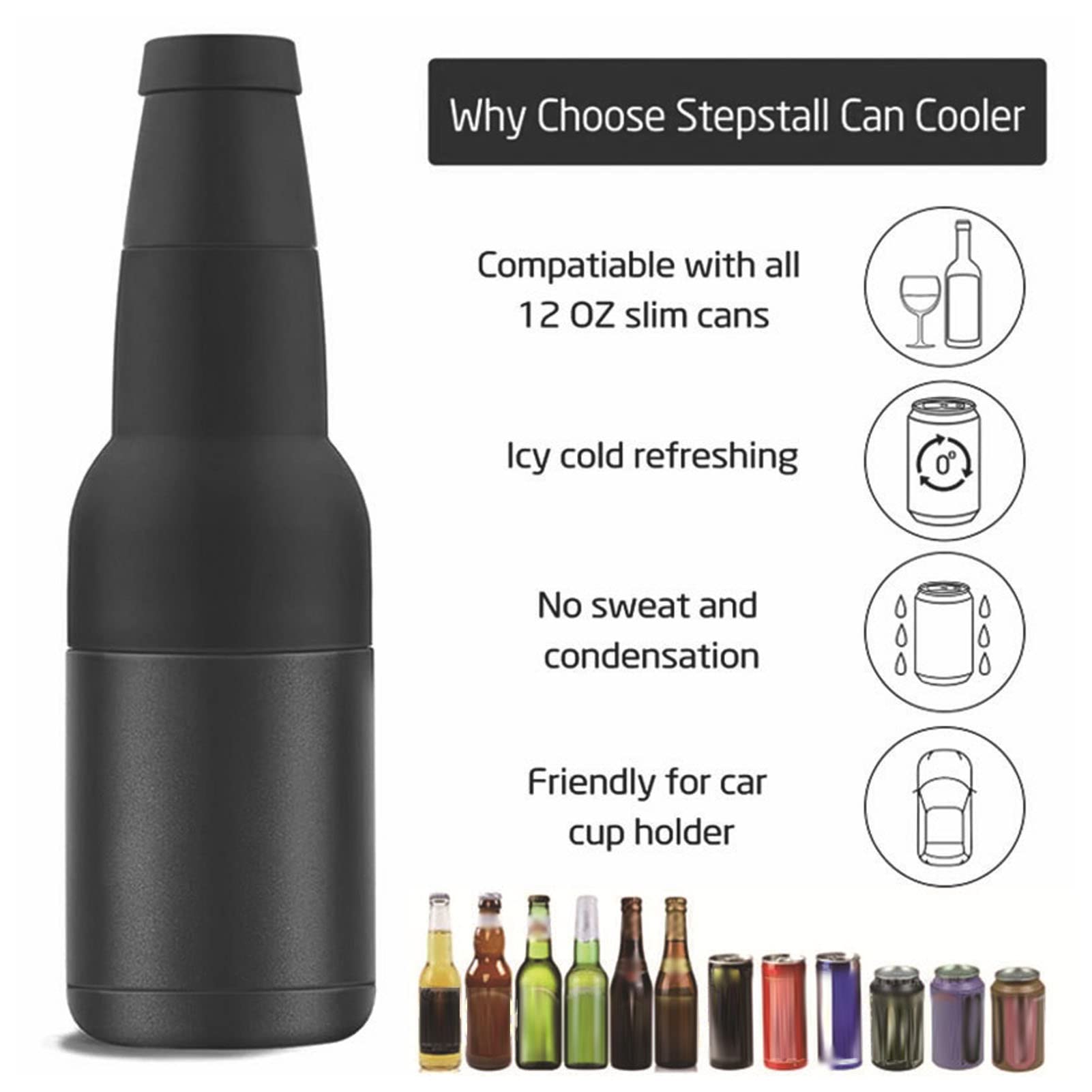 Vacuum Insulated Beer Bottle & Can Cooler with Beer Opener, Stainless Steel Beer Can Double Walled Black Simple Insulated Cola Can with Bottle Opener for Home Outdoor Camping