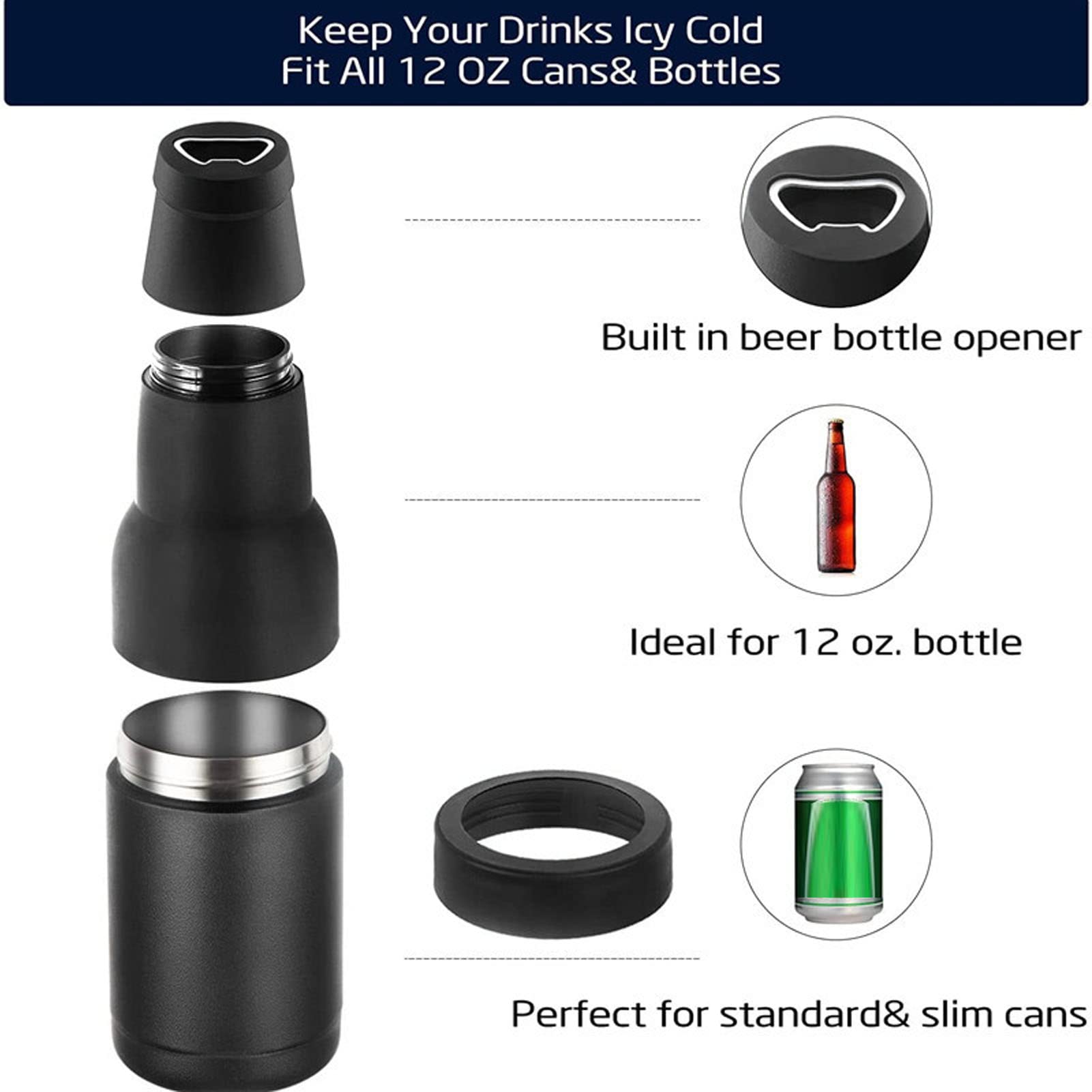 340ml Beer Cooler with Bottle Opener, Stainless Steel Beer and Soda Can Bottle Cooler, Drink Carrier, Can and Bottle Sleeve Helps Keep Drink Cold