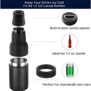 Insulated Beer Can, Beer Bottle Cooler, 340ml Stainless Steel Beer Can Double Walled Black Simple Insulated Cola Can with Bottle Opener for Home Outdoor Camping