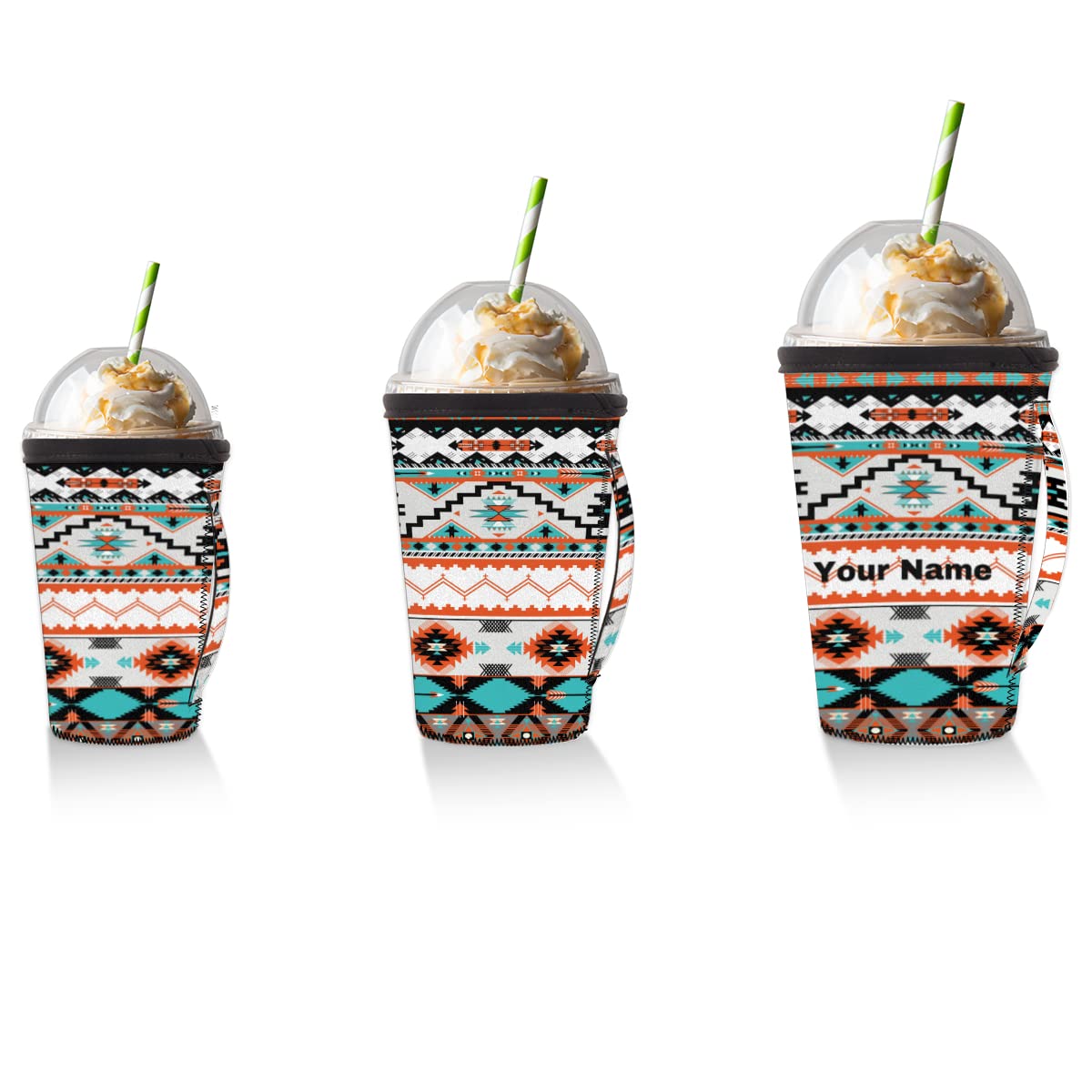 Ethnic Aztec Geometric Customize Coffee Sleeve Personalized Custom Coffee Sleeve with Handle Reusable Coffee Cover Neoprene Insulator Cup Sleeve for Hot&Cold Coffee Drink Beverages Size L for 30-32 oz