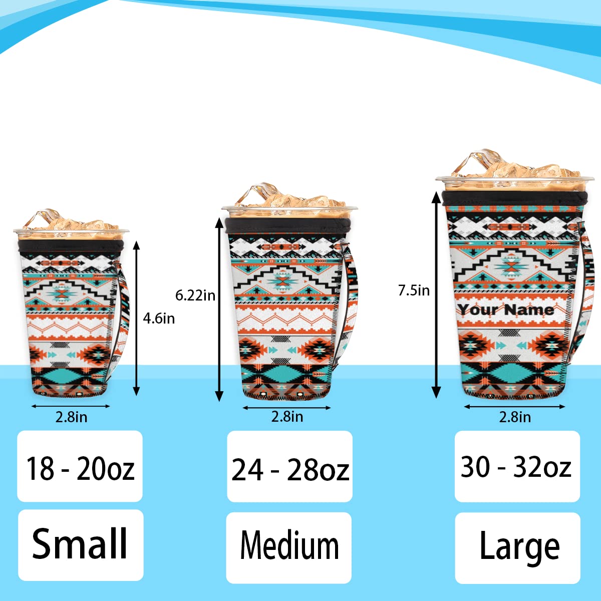 Ethnic Aztec Geometric Customize Coffee Sleeve Personalized Custom Coffee Sleeve with Handle Reusable Coffee Cover Neoprene Insulator Cup Sleeve for Hot&Cold Coffee Drink Beverages Size L for 30-32 oz