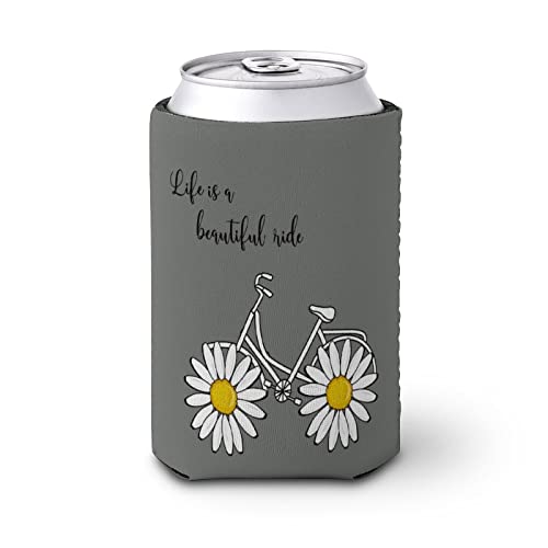 Can Cooler Sleeves Coozies for Cans And Bottles Insulators Positive Quote Daisy Bike Print PVC Elastic Reusable