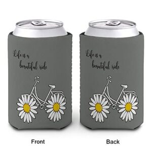 Can Cooler Sleeves Coozies for Cans And Bottles Insulators Positive Quote Daisy Bike Print PVC Elastic Reusable