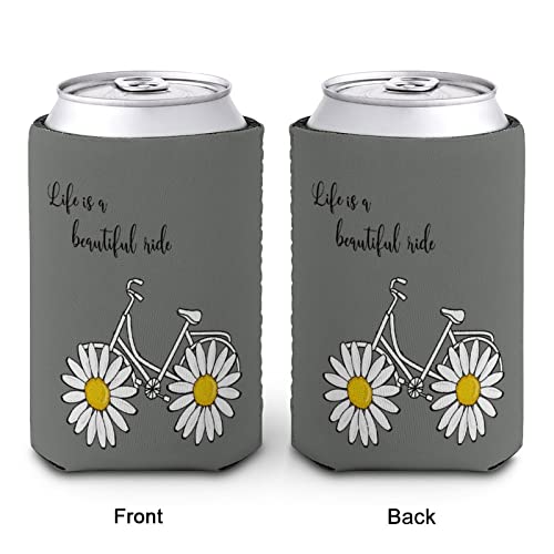 Can Cooler Sleeves Coozies for Cans And Bottles Insulators Positive Quote Daisy Bike Print PVC Elastic Reusable