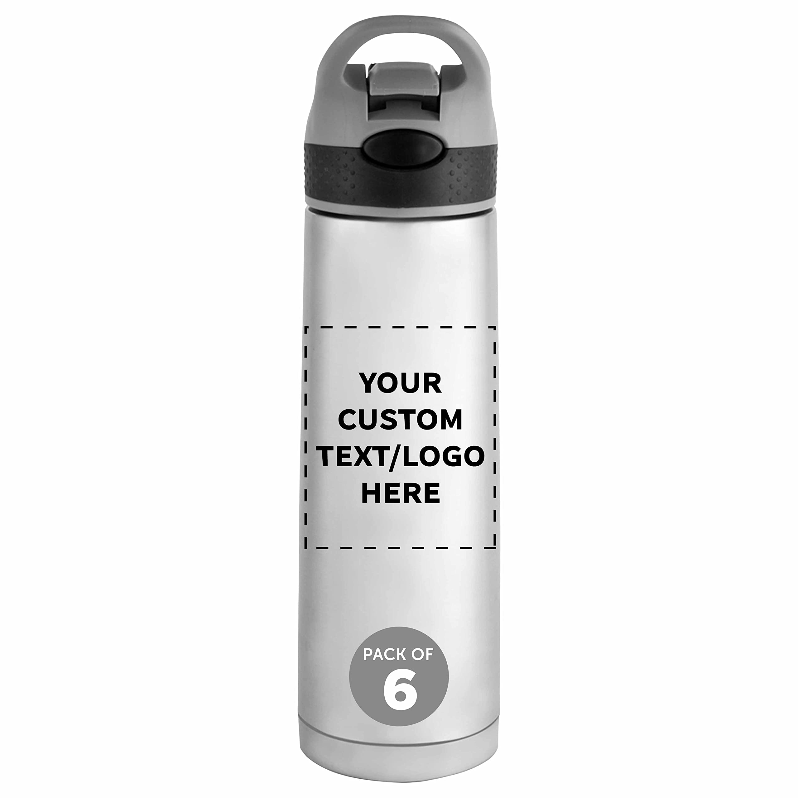 Custom Double Wall Stainless Steel Bottles 18 oz. Set of 6, Personalized Bulk Pack - Perfect for Water, Energy Drink, Iced Tea, Soda, Other Hot and Cold Beverages - Black