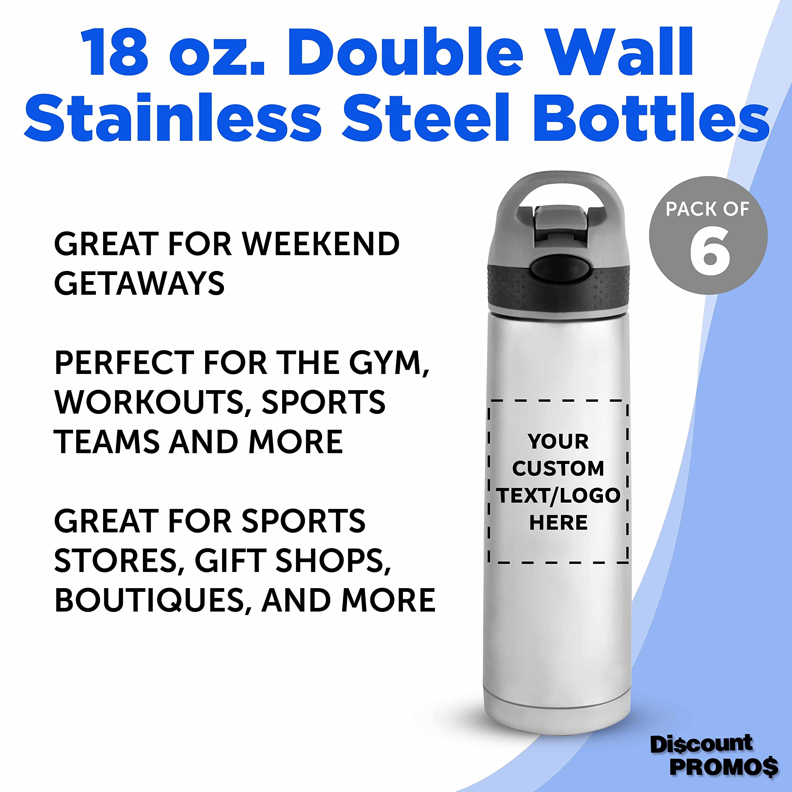 Custom Double Wall Stainless Steel Bottles 18 oz. Set of 6, Personalized Bulk Pack - Perfect for Water, Energy Drink, Iced Tea, Soda, Other Hot and Cold Beverages - Black