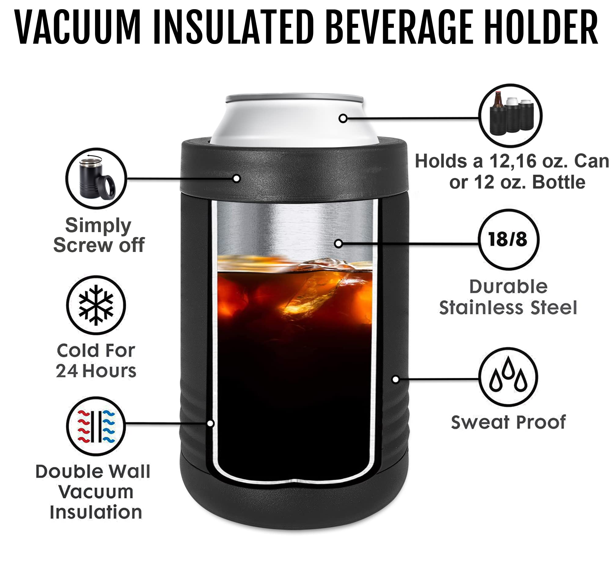 Stainless Steel 12 oz Double Wall Vacuum Insulated Can or Bottle Cooler Keeps Beverage Cold for Hours Beverage Holder Fits 16 oz Cans - Men Women Gift (Black)