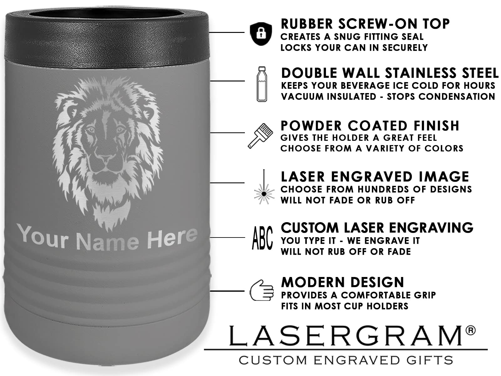 LaserGram Double Wall Insulated Beverage Can Holder, Lacrosse Sticks, Personalized Engraving Included (Standard Can, Gray)