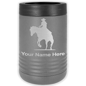 lasergram double wall insulated beverage can holder, cowgirl riding horse, personalized engraving included (standard can, gray)