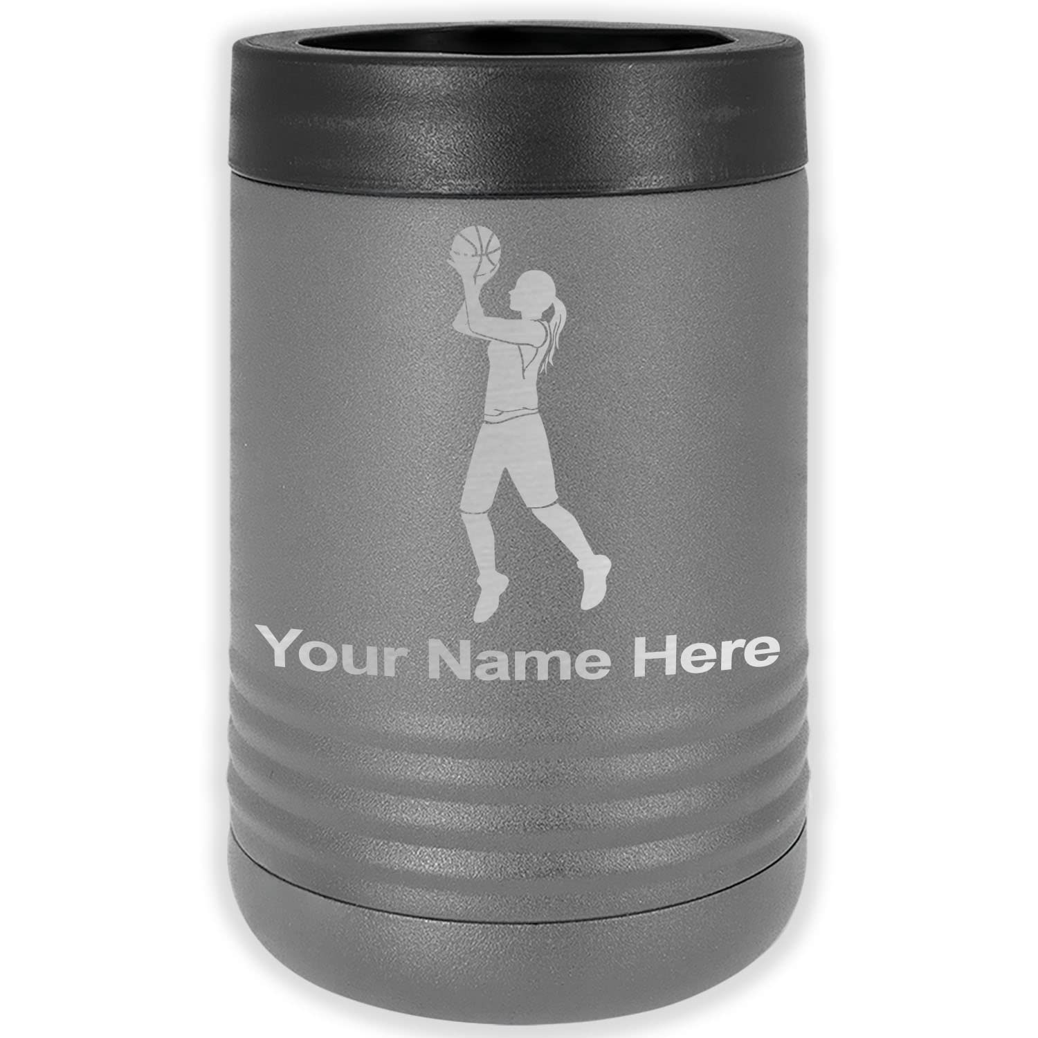 LaserGram Double Wall Insulated Beverage Can Holder, Basketball Player Woman, Personalized Engraving Included (Standard Can, Gray)