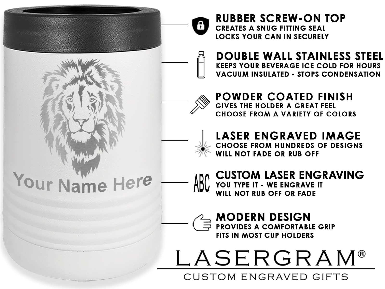 LaserGram Double Wall Insulated Beverage Can Holder, Tennis Rackets, Personalized Engraving Included (Standard Can, White)