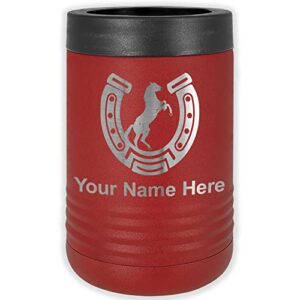 lasergram double wall insulated beverage can holder, horseshoe with horse, personalized engraving included (standard can, maroon)